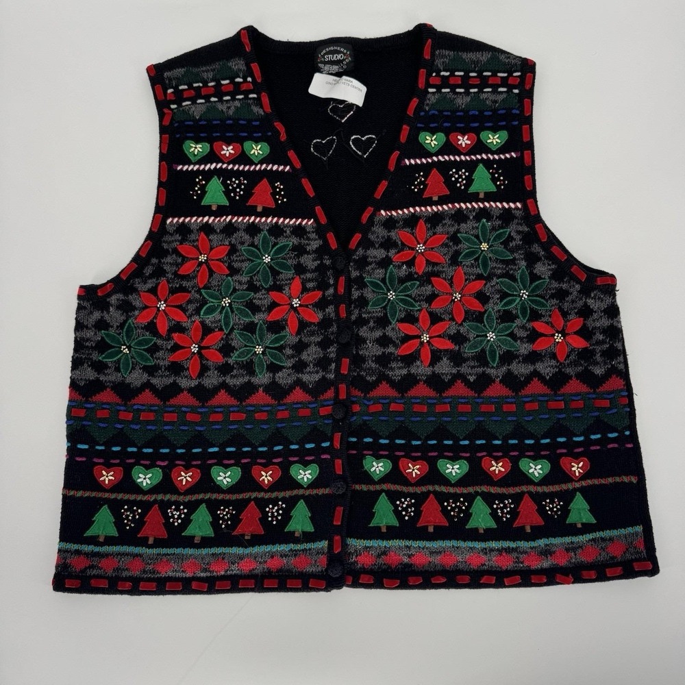 Vintage Christmas Sweater Vest Women's XL Poinsettia Beaded‎ Vest Embellished